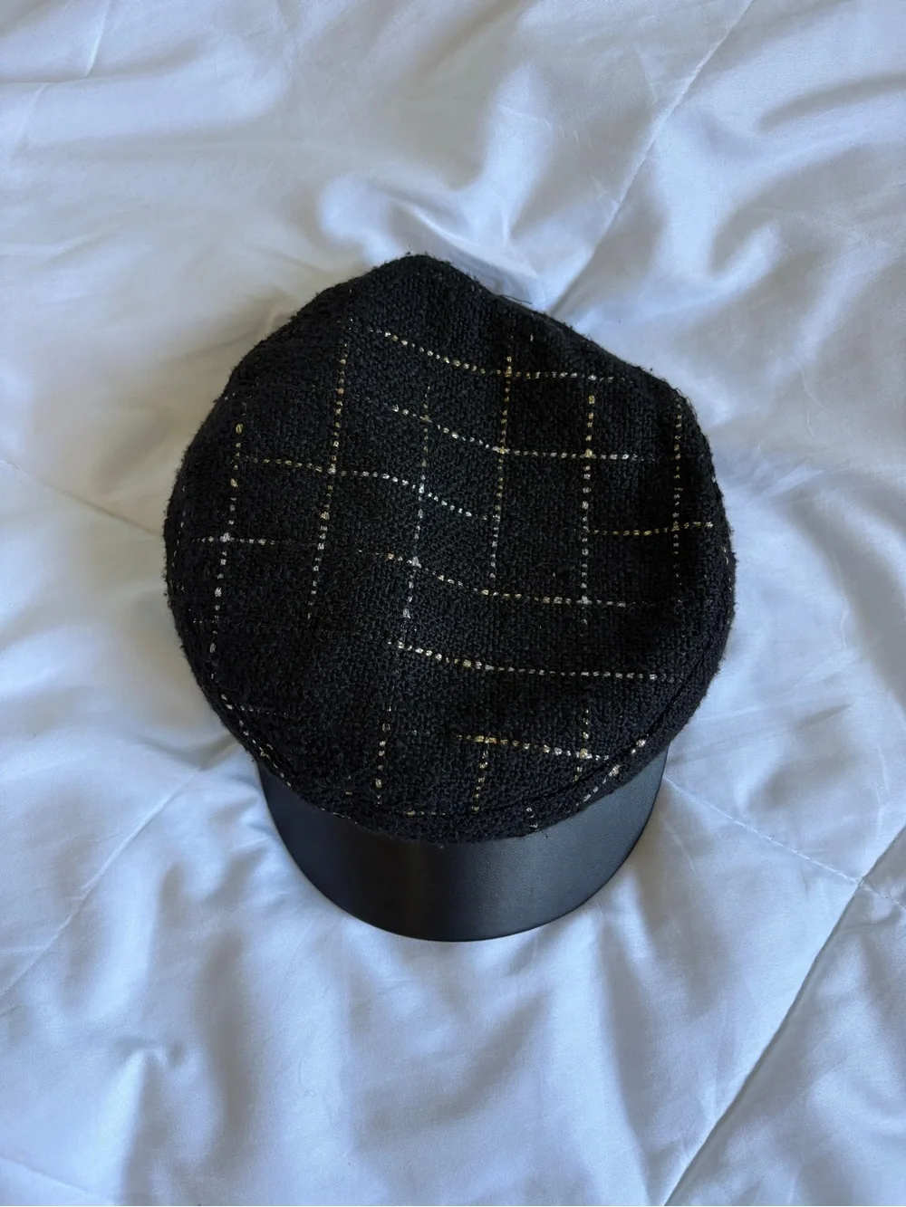 Y2K Juicy Couture Black Tweed Newsboy Cap with Faux Leather Visor